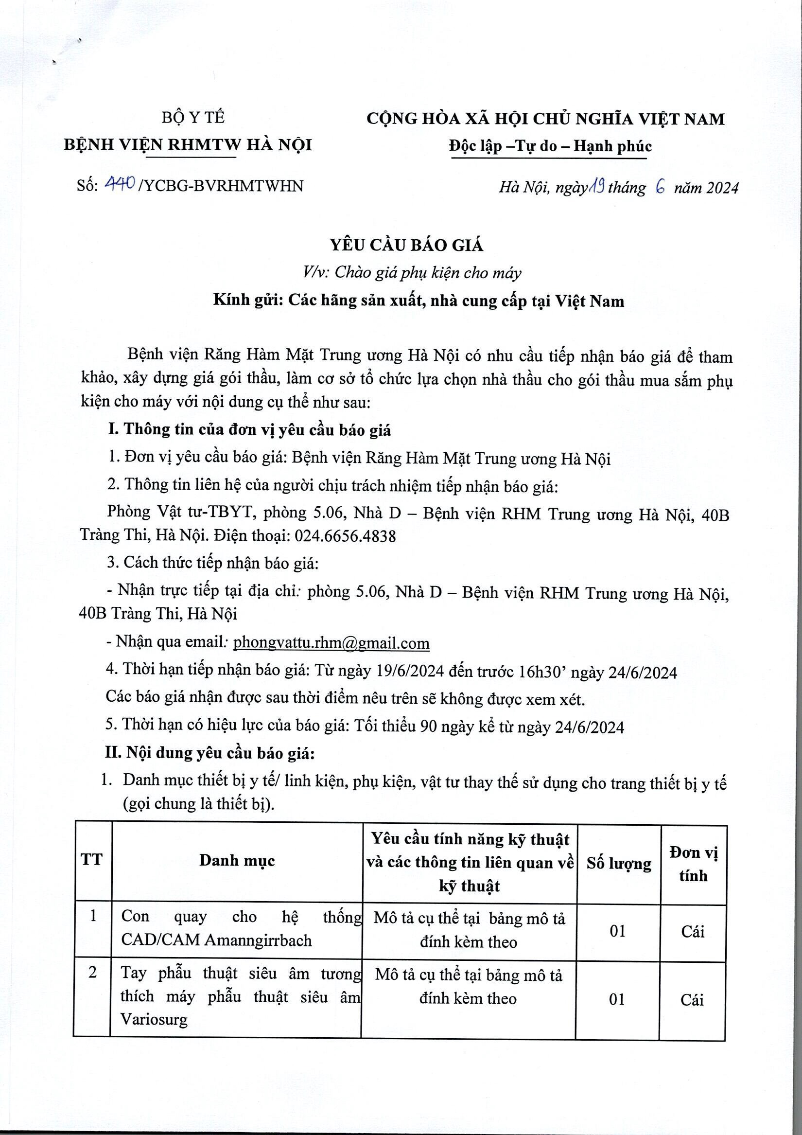 YÊU CẦU BÁO GIÁ PHỤ KIỆN CHO MÁY